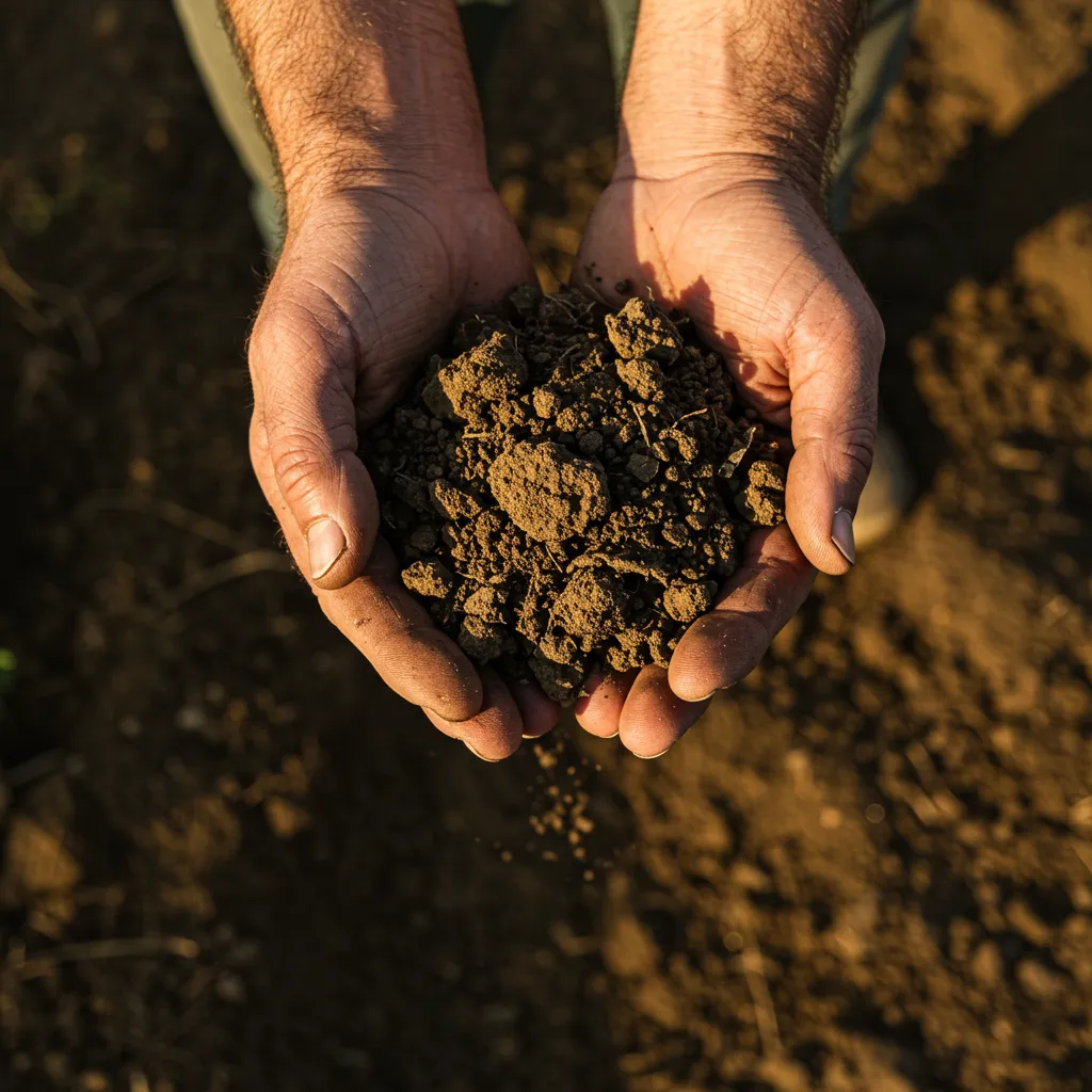 Mains d'agriculteur tenant de la terre dans un champ, évoquant l'exposition professionnelle aux pesticides et les maladies professionnelles reconnues