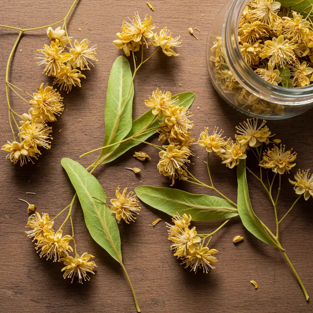 Fleurs et bractées de tilleul séchées vues de dessus sur une surface en bois, mettant en valeur les composés actifs de la plante médicinale