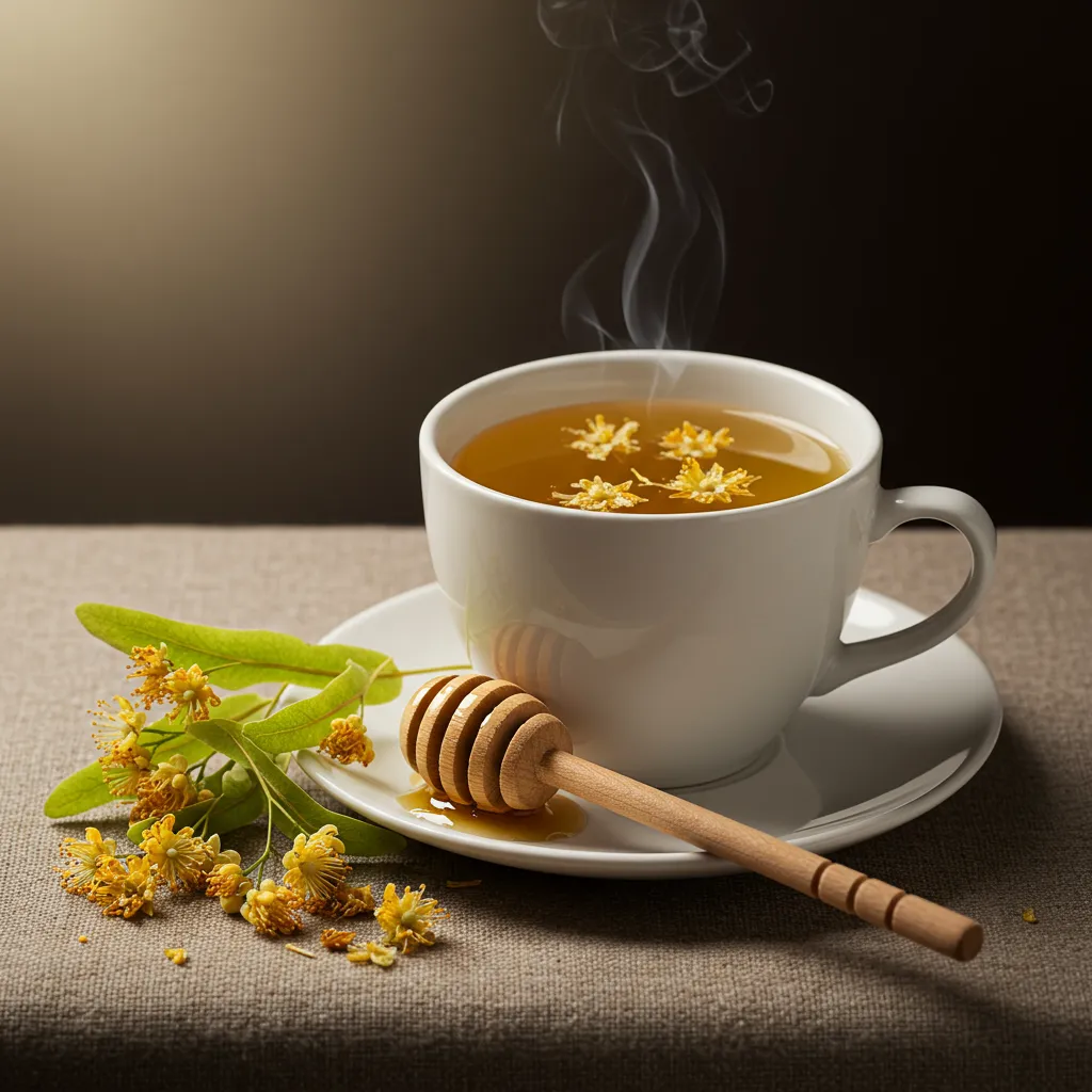 Tasse d'infusion de tilleul fumante accompagnée de fleurs séchées et d'un bâton de miel, illustrant la préparation d'une tisane calmante