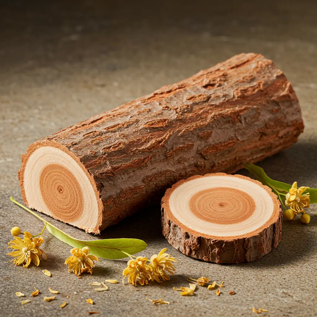 Aubier rouge de tilleul en coupe transversale posé sur une surface en pierre, révélant la texture et la couleur caractéristique du bois utilisé en phytothérapie