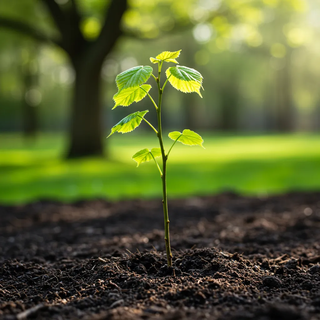 Jeune plant de tilleul fraîchement planté dans un jardin au printemps, entouré de terre meuble et baigné de lumière matinale