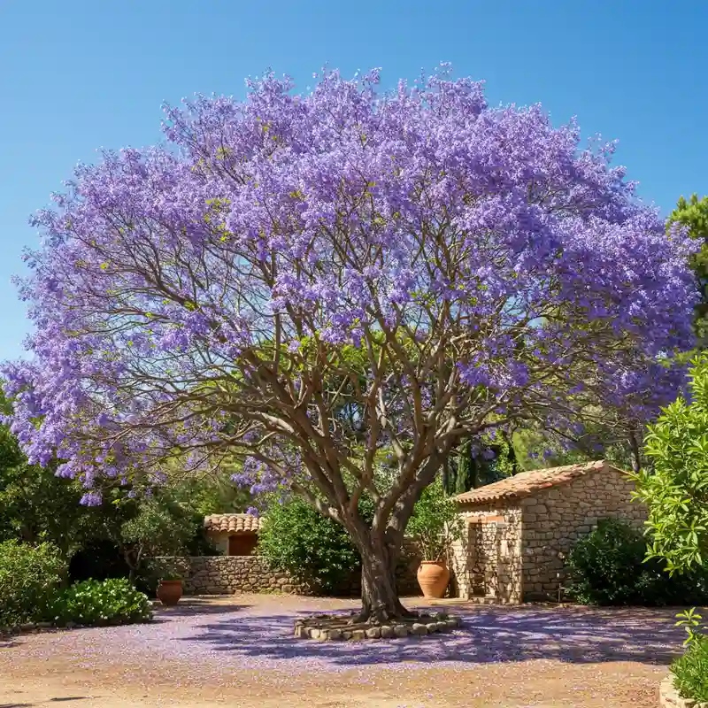 Jacaranda en pleine terre dans un jardin méditerranéen ensoleillé du sud de la France
