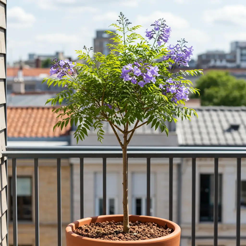 Jacaranda cultivé en grand bac sur une terrasse urbaine ensoleillée