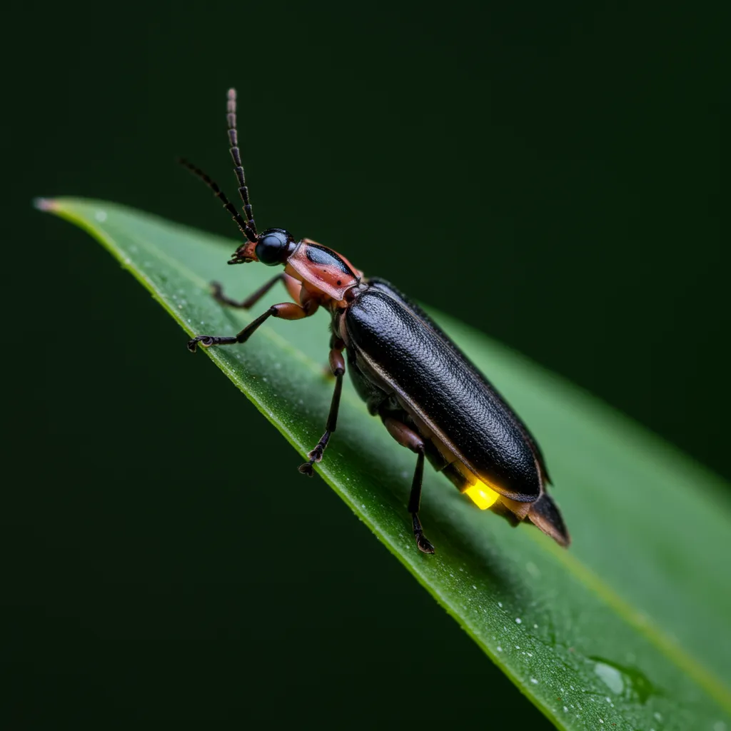 Gros plan macro d'une luciole sur une feuille, abdomen lumineux révélant ses photocytes bioluminescents