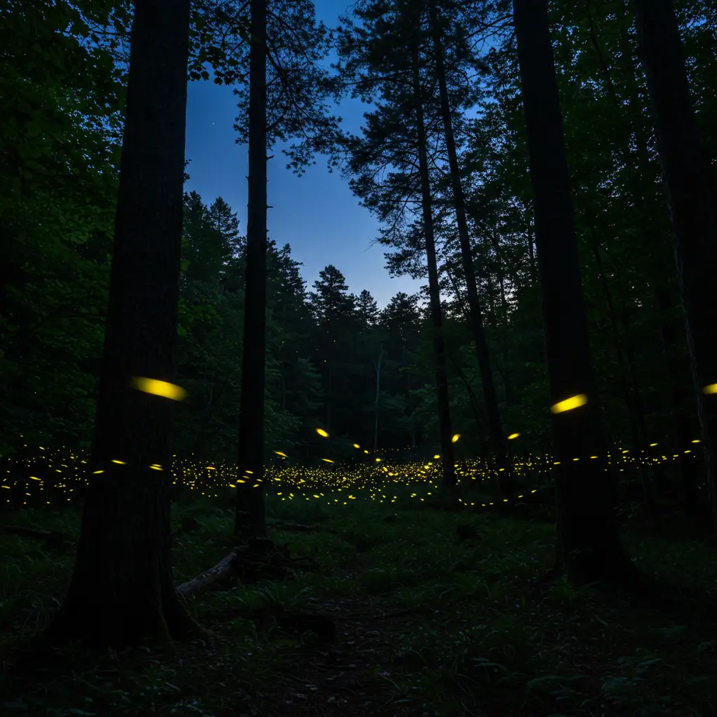 Nuée de lucioles illuminant une forêt tempérée au crépuscule, illustrant leur rôle de communication lumineuse