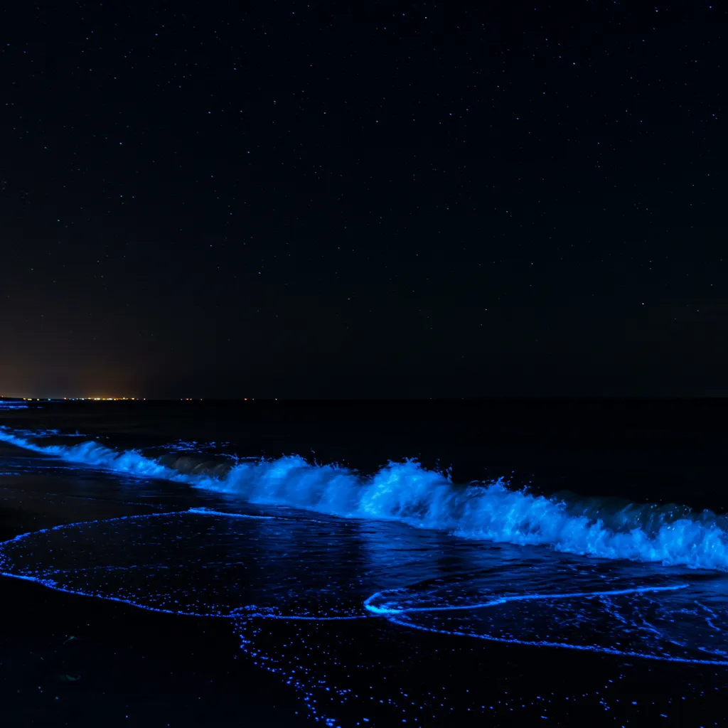 Vague bioluminescente bleue sur une plage nocturne, illustrant la bioluminescence marine en contraste avec celle des lucioles