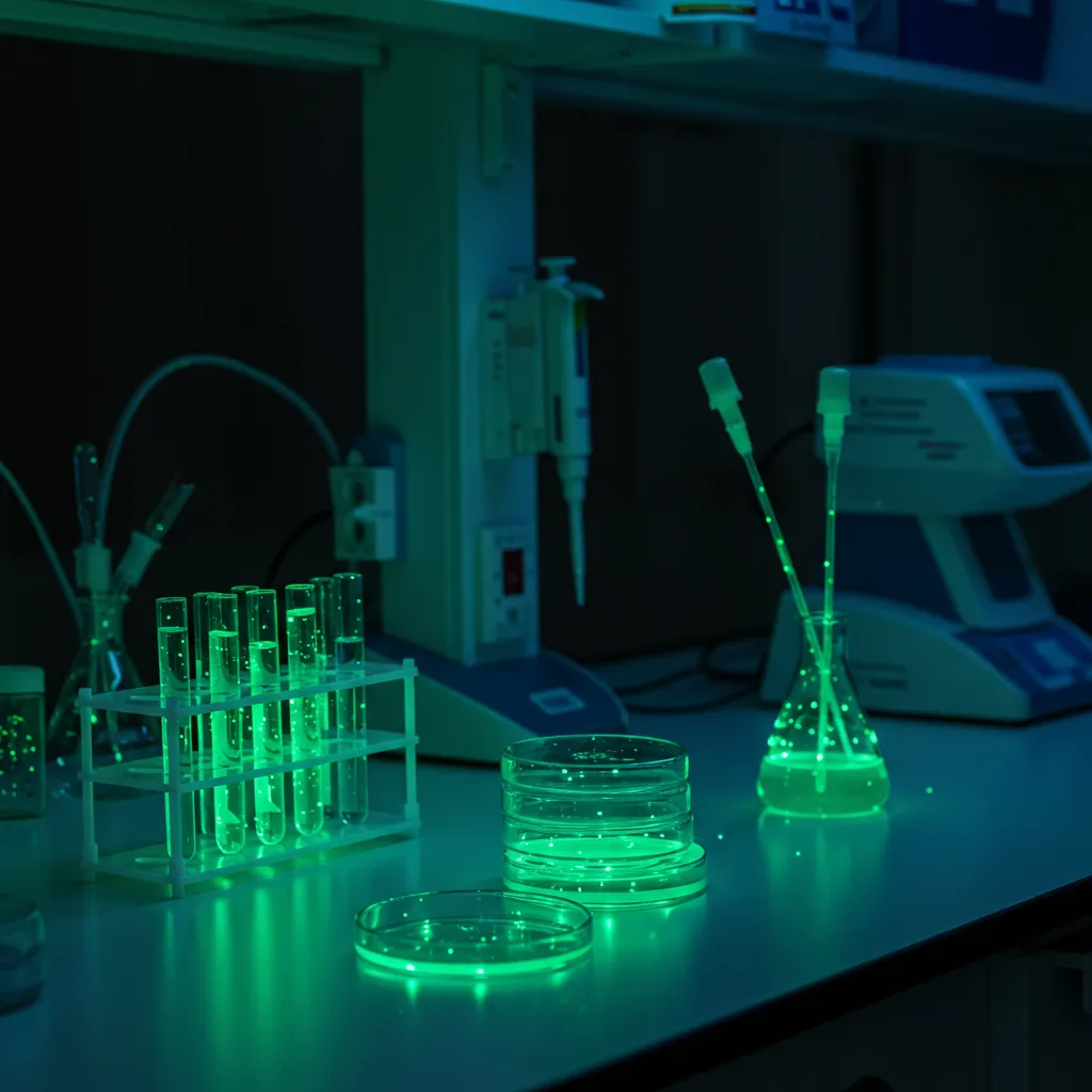 Laboratoire scientifique avec des échantillons bioluminescents, illustrant les applications technologiques de la luciférase en recherche médicale