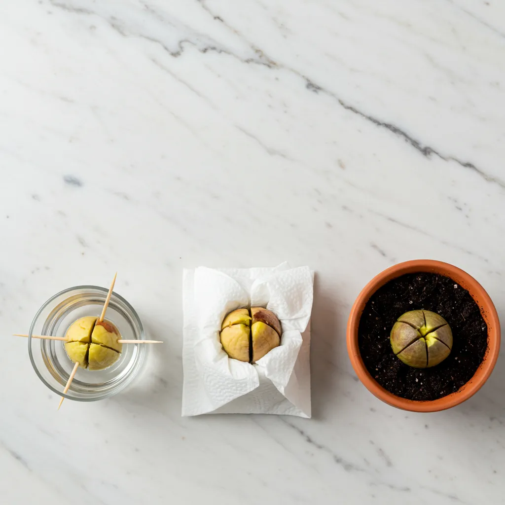 Comparaison des trois méthodes de germination d'un noyau d'avocat : eau avec cure-dents, sachet hermétique et plantation en terre
