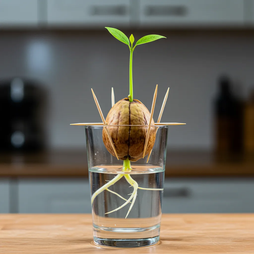Noyau d'avocat en germination dans un verre d'eau avec cure-dents, racines et première pousse visibles