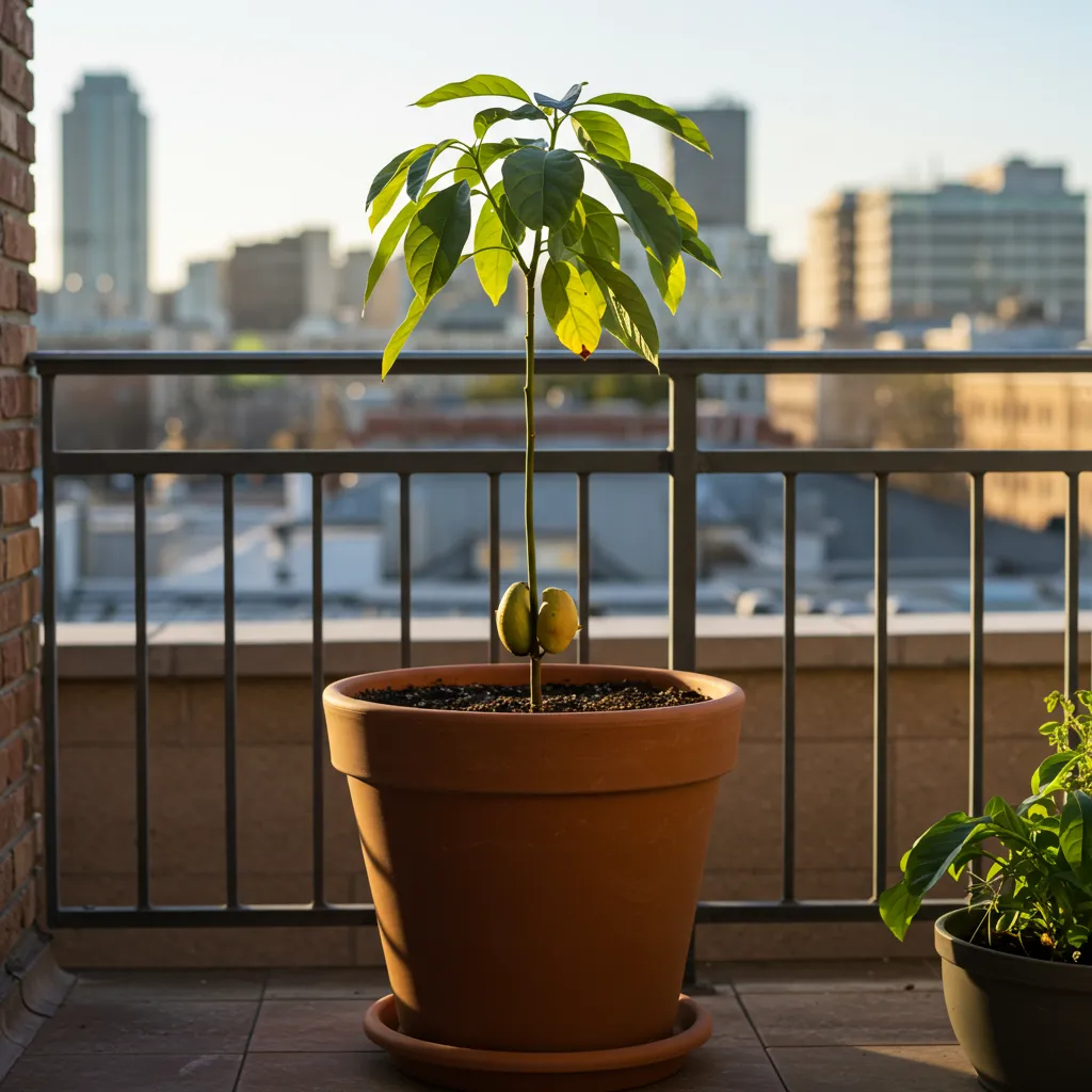 Jeune avocatier en pot sur un balcon ensoleillé en milieu urbain