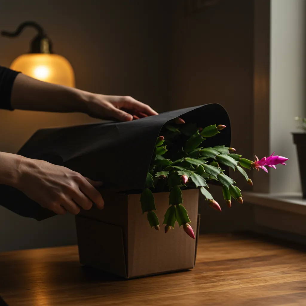 Protocole d'obscurité pour cactus de Noël : couvrir la plante avec un carton opaque chaque soir pour déclencher la floraison