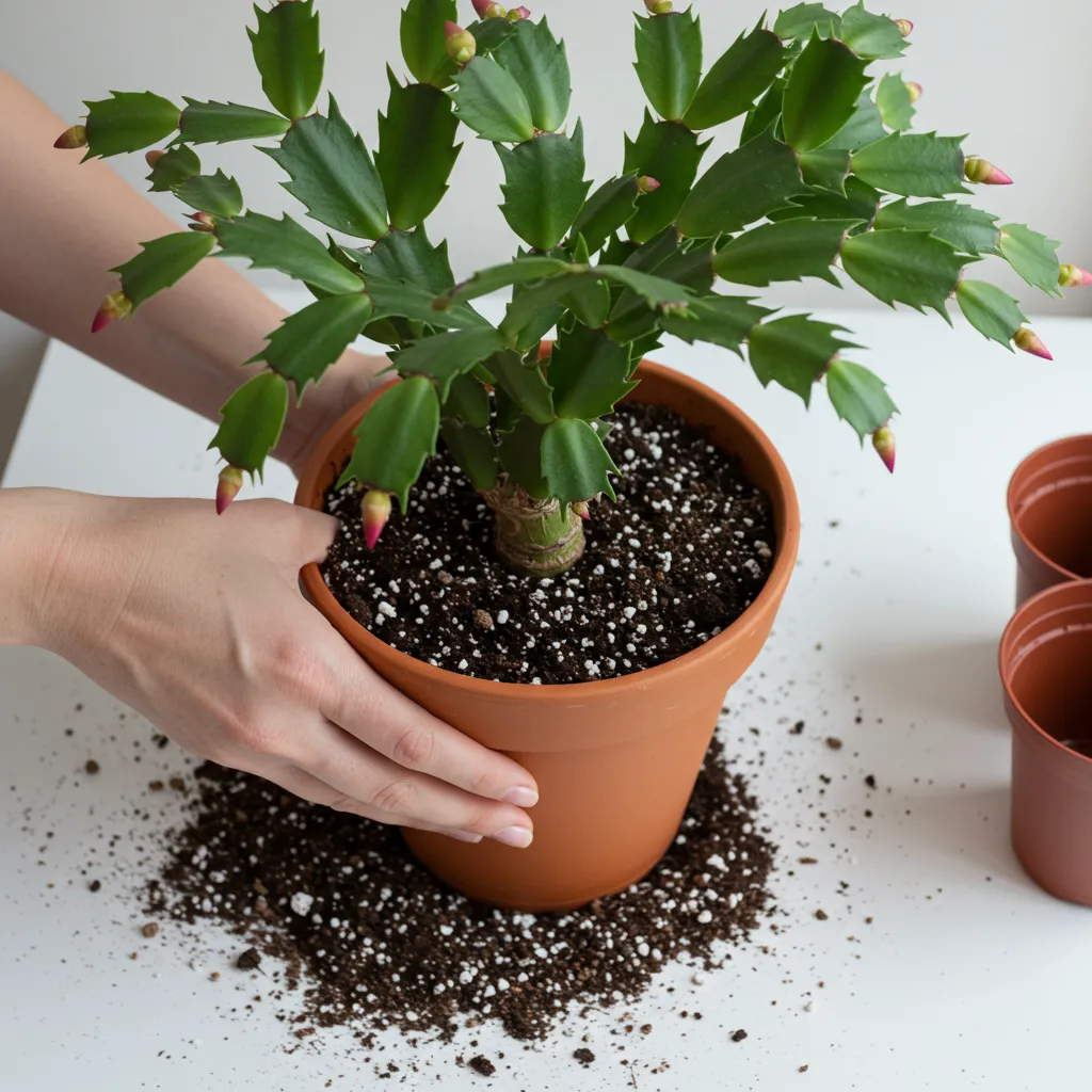 Rempotage d'un cactus de Noël au printemps dans un substrat drainant avec de la perlite, étape du calendrier annuel d'entretien