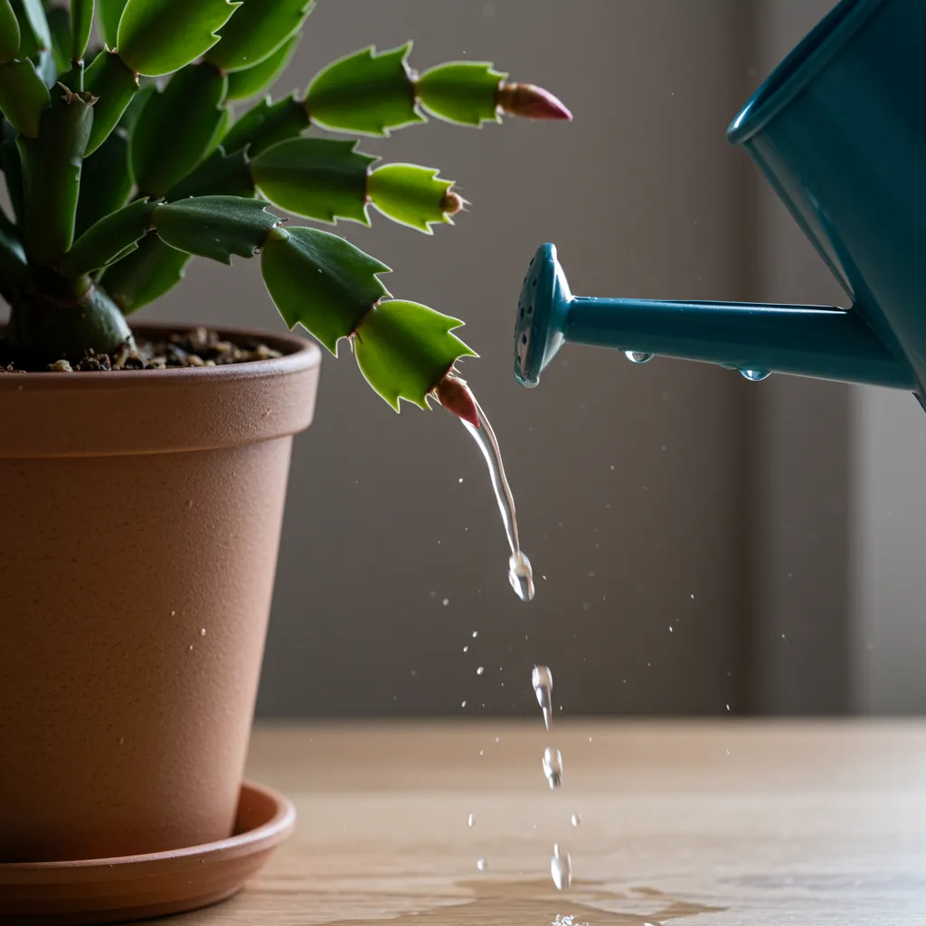 Arrosage précis d'un cactus de Noël dans un substrat drainant, sans eau stagnante dans la soucoupe