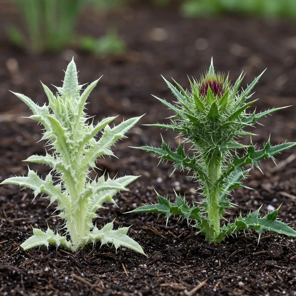 Comparaison de deux espèces de chardons côte à côte dans un jardin, montrant les différences de feuillage entre Cirsium arvense et Cirsium vulgare