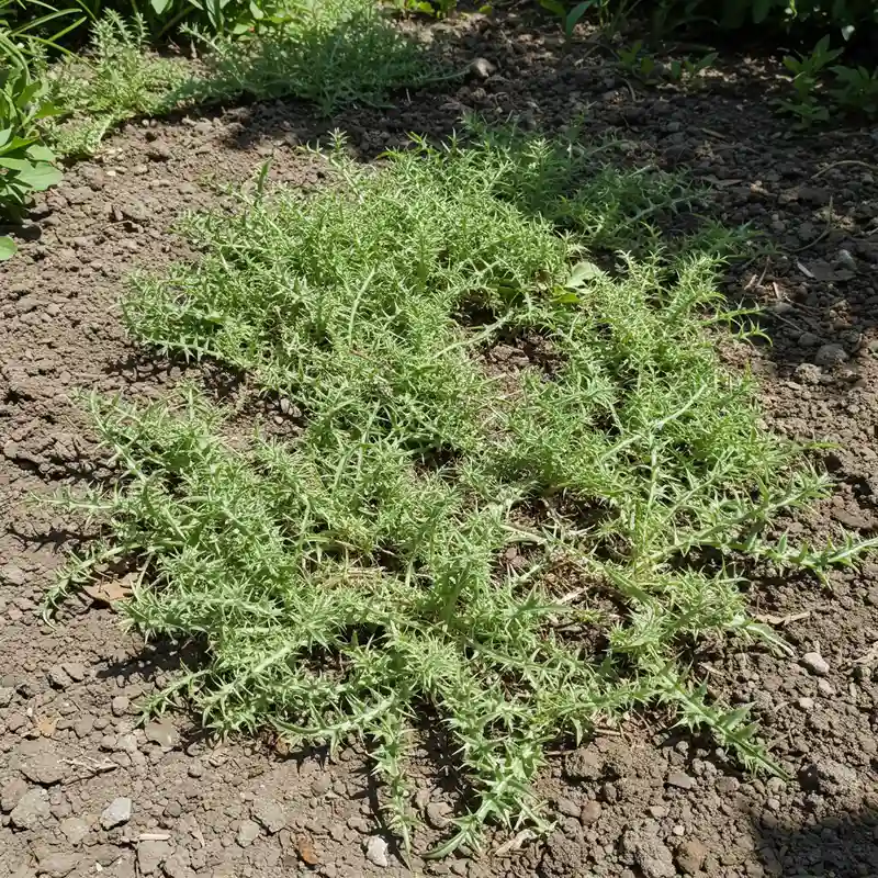 Colonie envahissante de chardons des champs Cirsium arvense avec rhizomes visibles dans un massif de jardin
