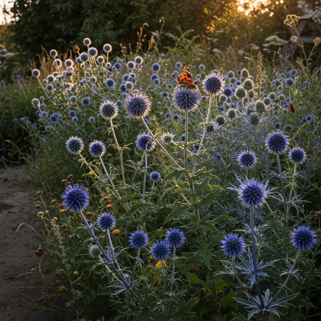Massif ornemental avec chardons boules Echinops ritro et chardons bleus des Alpes Eryngium alpinum en pleine floraison, attirant abeilles et papillons