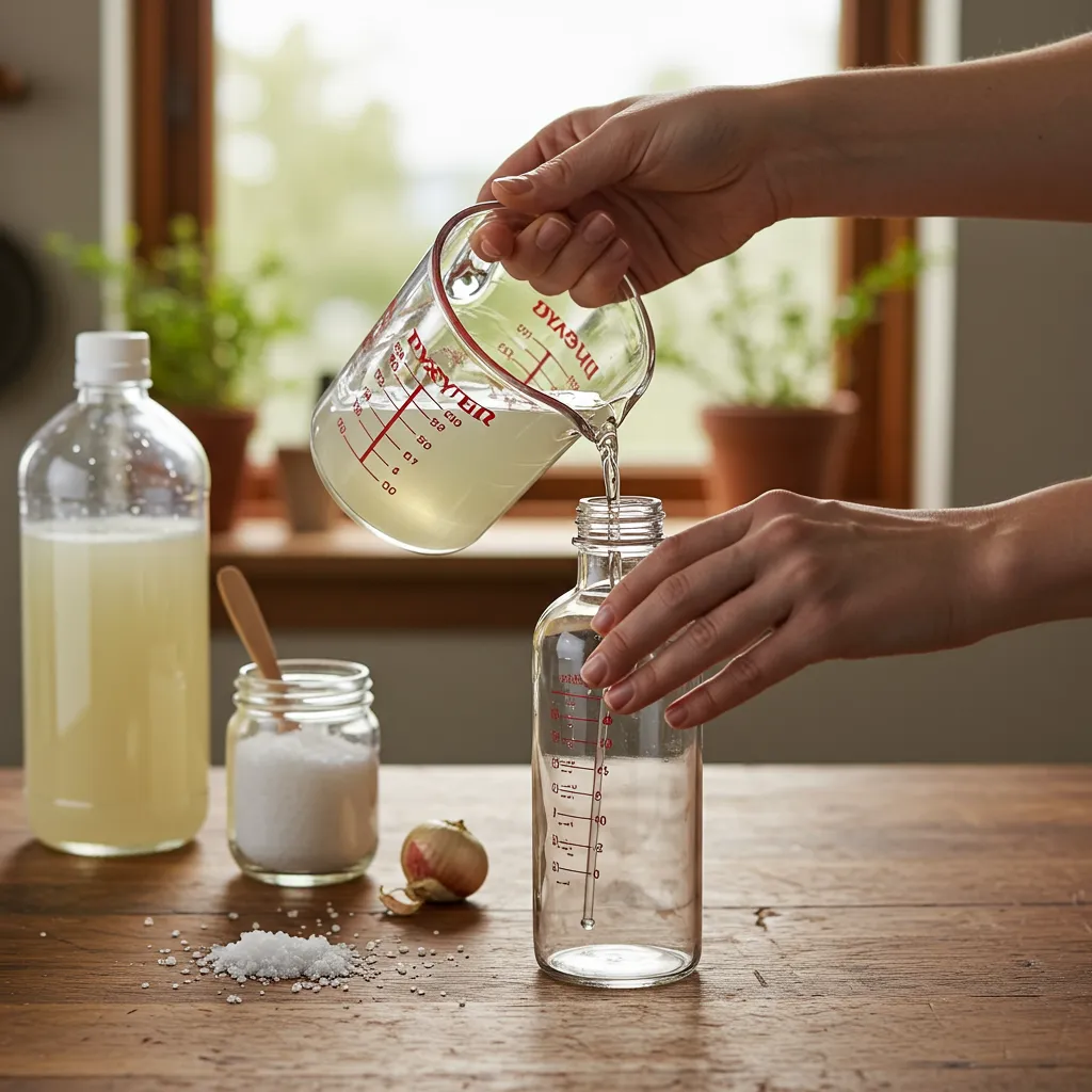 Préparation d'un désherbant naturel maison en versant du vinaigre blanc dans un flacon pulvérisateur