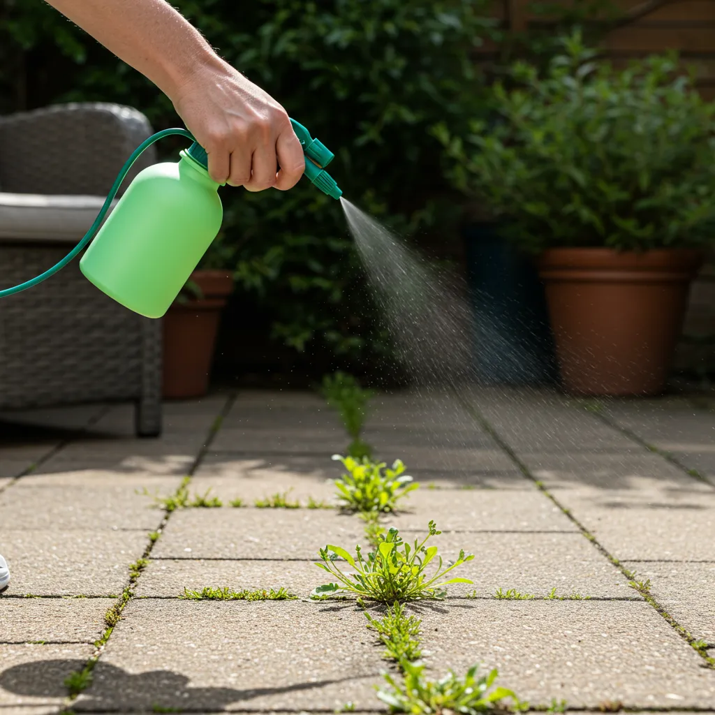 Application ciblée d'un désherbant naturel sur des mauvaises herbes entre les joints d'une terrasse en pierre