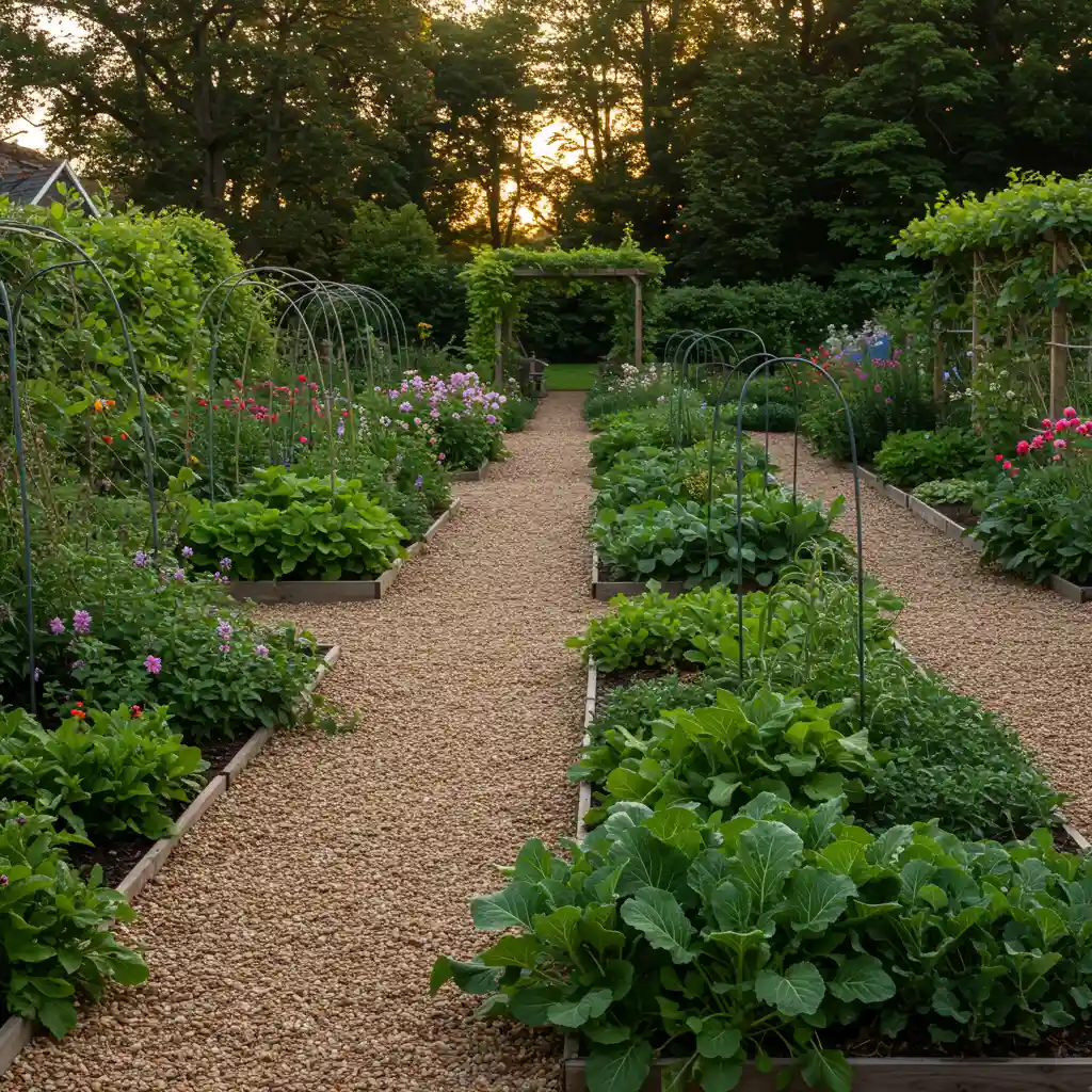 Jardin naturel bien entretenu avec allées sans mauvaises herbes grâce à des méthodes de désherbage écologiques