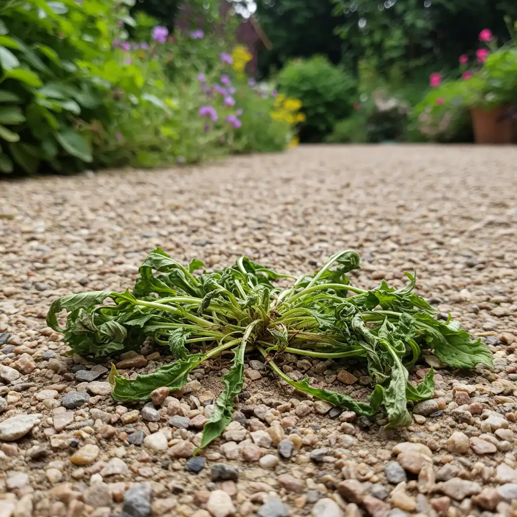 Mauvaises herbes desséchées après traitement au désherbant naturel maison sur une allée gravillonnée