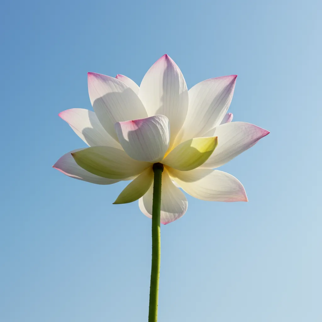Fleur de lotus blanc et rose vue de face en contre-plongée, symbolisant la pureté et l'éveil spirituel dans les traditions hindoue et bouddhiste