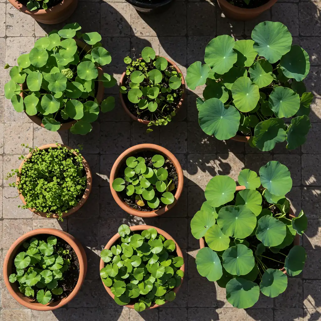 Différentes variétés de lotus cultivées dans des contenants de tailles variées sur une terrasse ensoleillée, illustrant les options pour petits et grands espaces