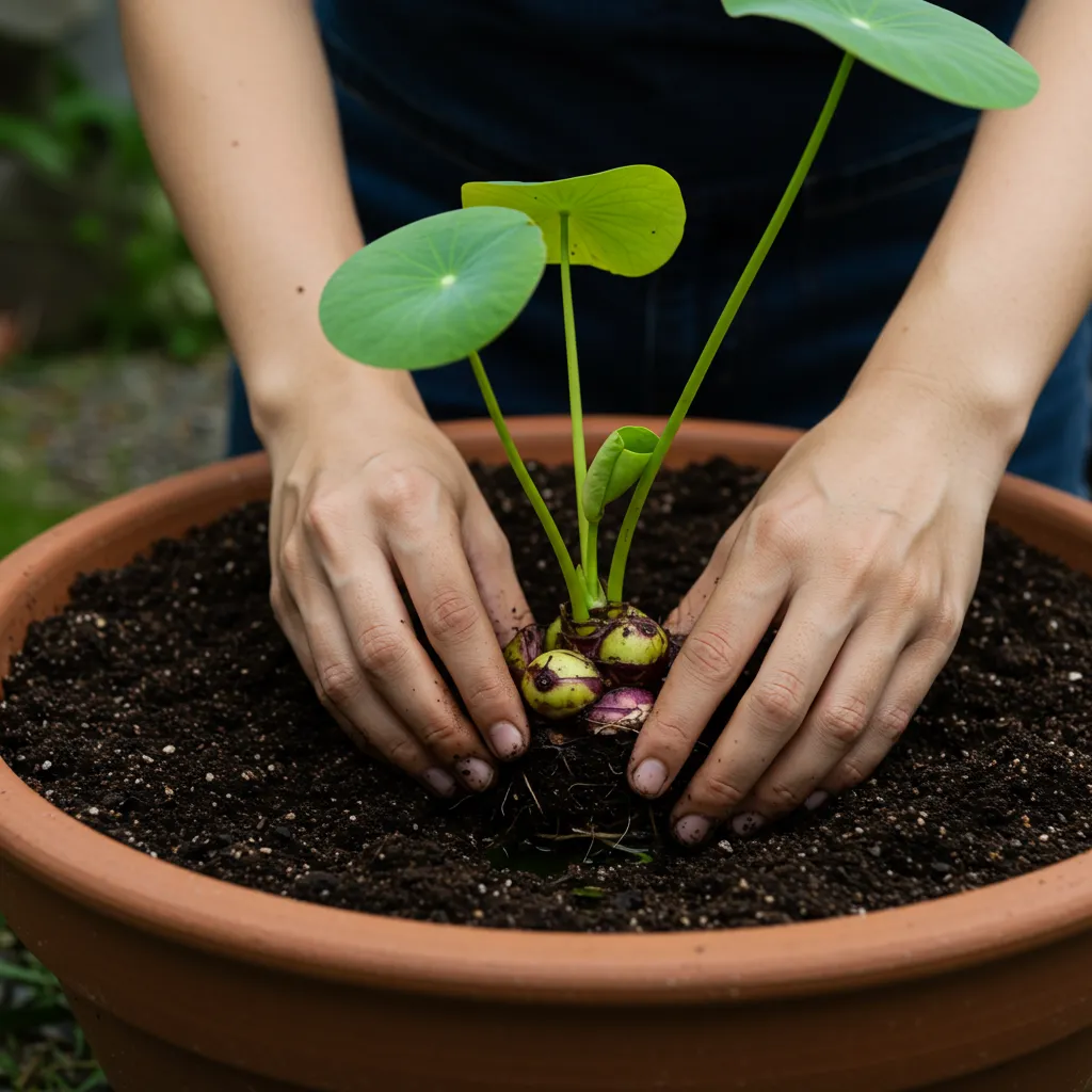 Mains d'un jardinier plantant un rhizome de lotus dans un pot en terre cuite rempli de substrat argileux, étape clé de la culture du lotus en bassin