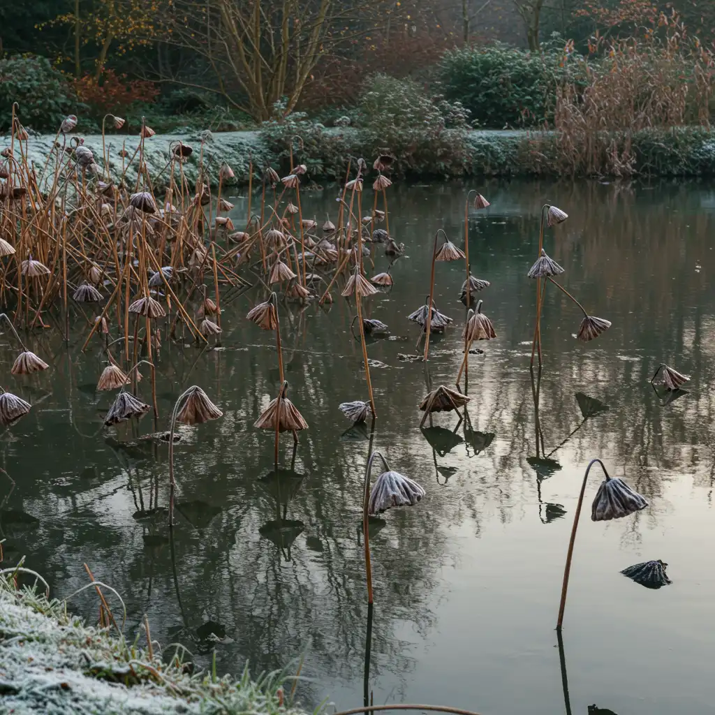 Bassin de jardin en automne avec les tiges et capsules de graines séchées du lotus, illustrant la préparation à l'hivernage de la plante aquatique