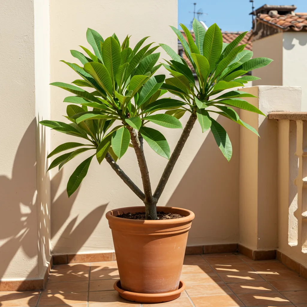 Frangipanier en pot sur une terrasse ensoleillée en France pendant l'été