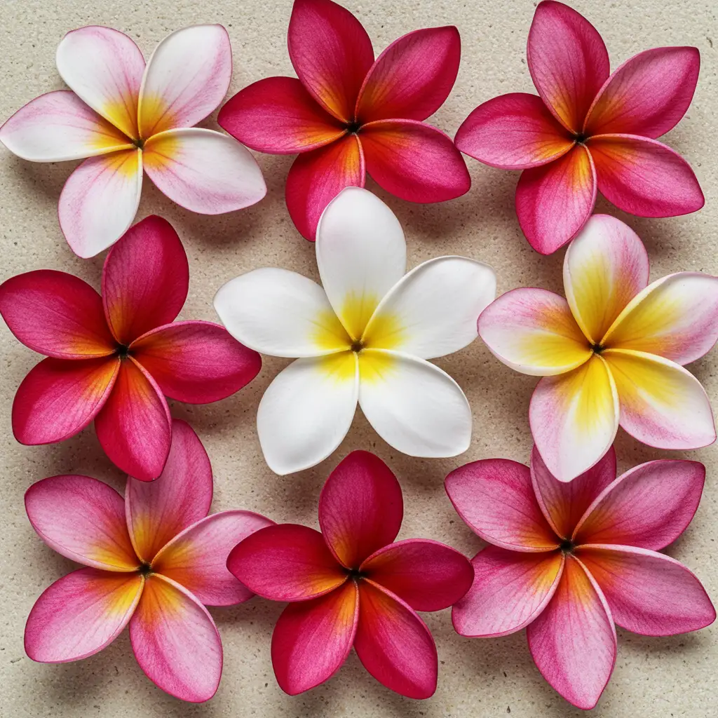 Comparaison de différentes variétés de fleurs de frangipanier roses, rouges, blanches et jaunes vues de dessus
