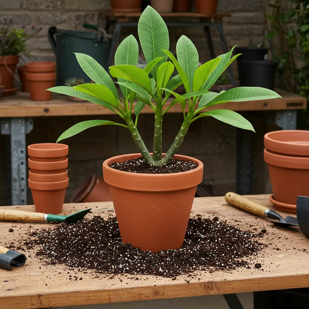 Rempotage d'un frangipanier avec un substrat drainant composé de terreau, sable et perlite sur une table de jardinage