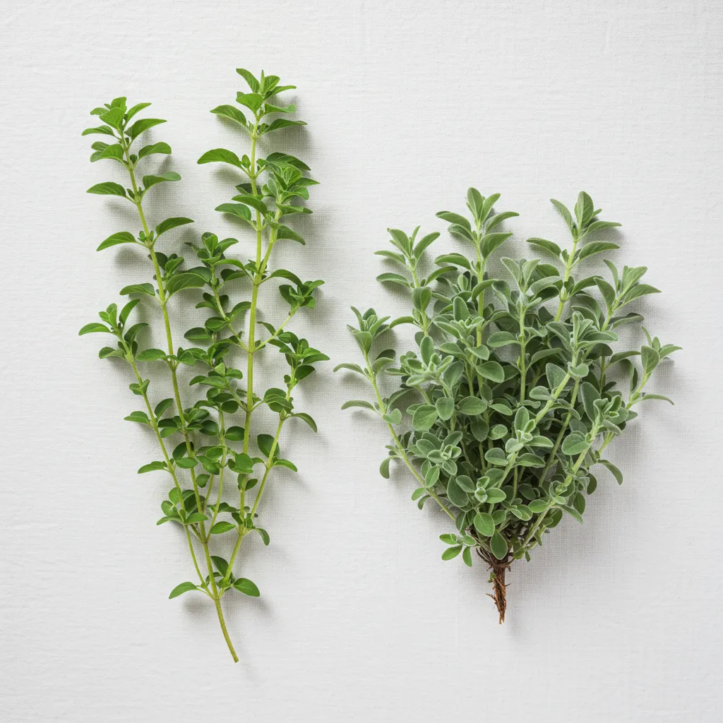 Vue comparative de dessus des feuilles d'origan et de marjolaine montrant leurs différences de taille, texture et couleur