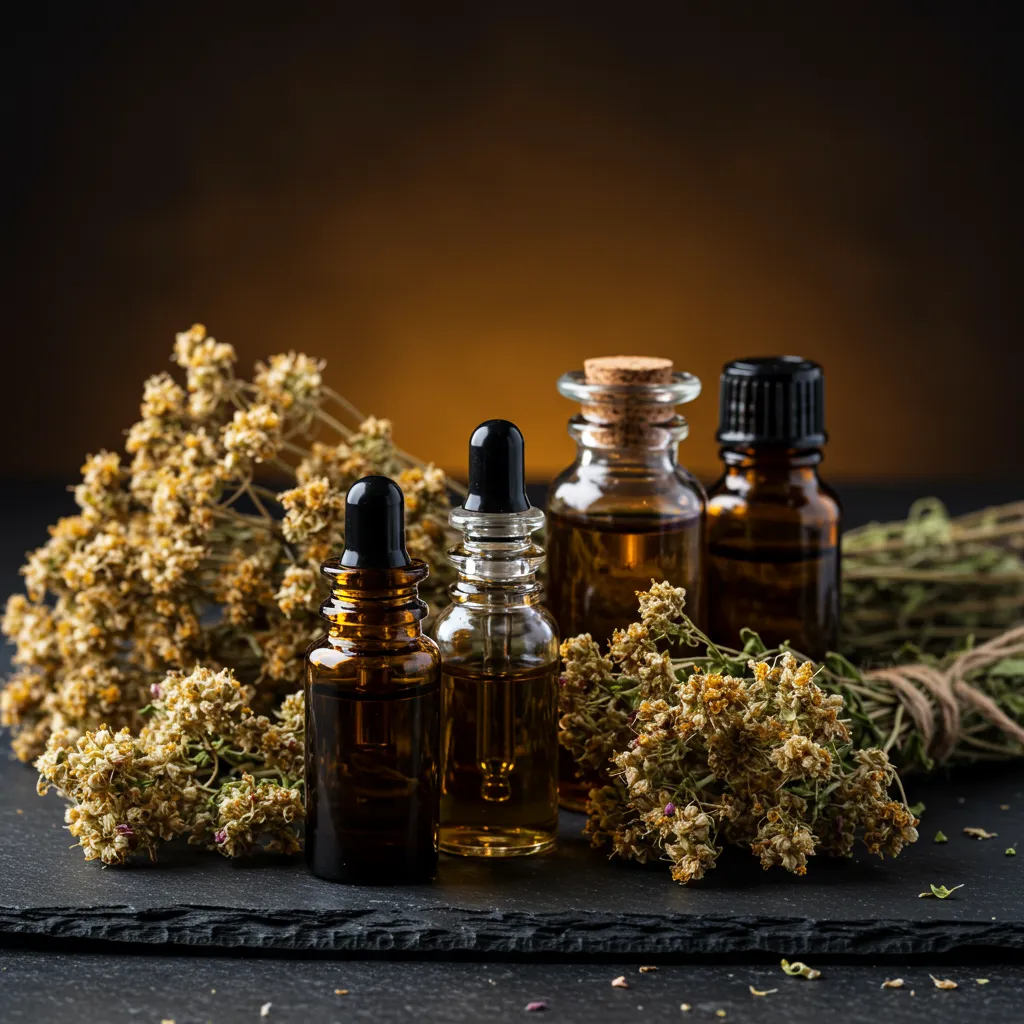 Huiles essentielles et bouquets séchés d'origan et de marjolaine illustrant leurs profils aromatiques distincts