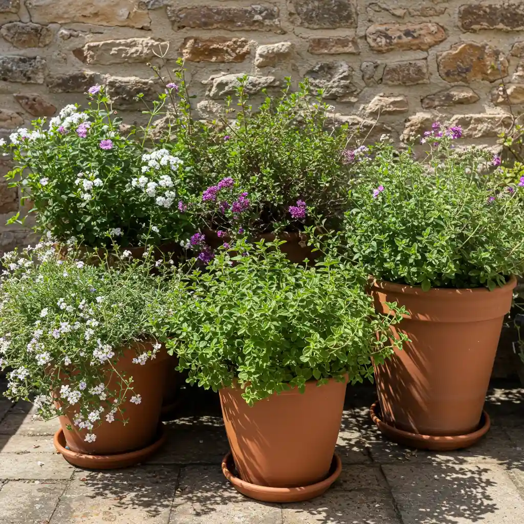 Plants d'origan et de marjolaine cultivés en pots en terre cuite sur une terrasse ensoleillée, illustrant leur culture en pot ou au jardin