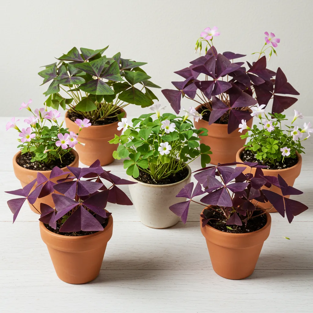 Différentes variétés d'oxalis ornementales côte à côte dans des petits pots, feuillages violet et vert contrastés
