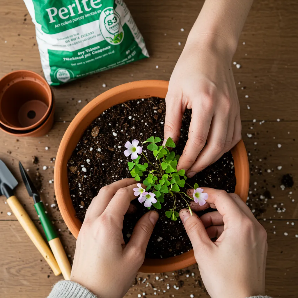 Plantation de bulbes d'oxalis dans un pot en terre cuite avec un mélange de terreau et perlite