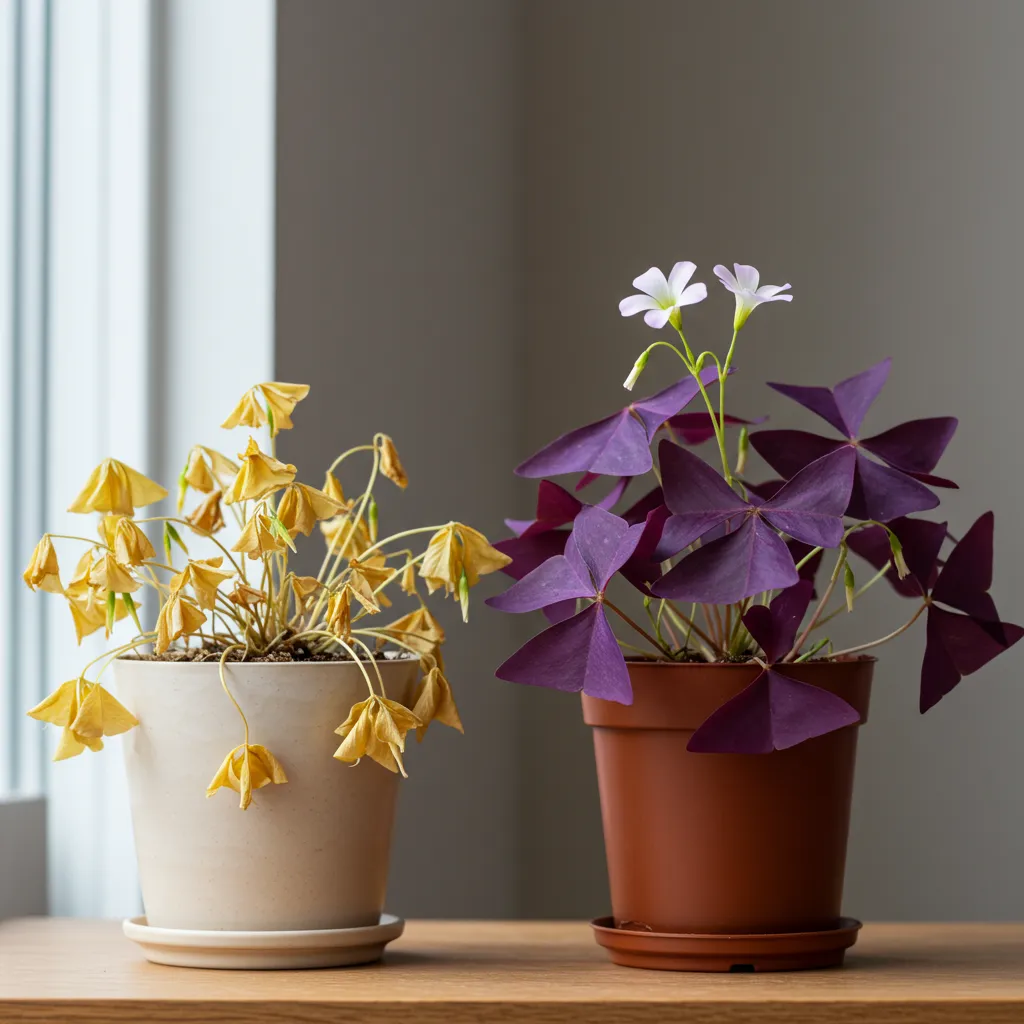 Comparaison entre un oxalis en dormance hivernale aux tiges sèches et un oxalis en pleine croissance aux feuilles violettes