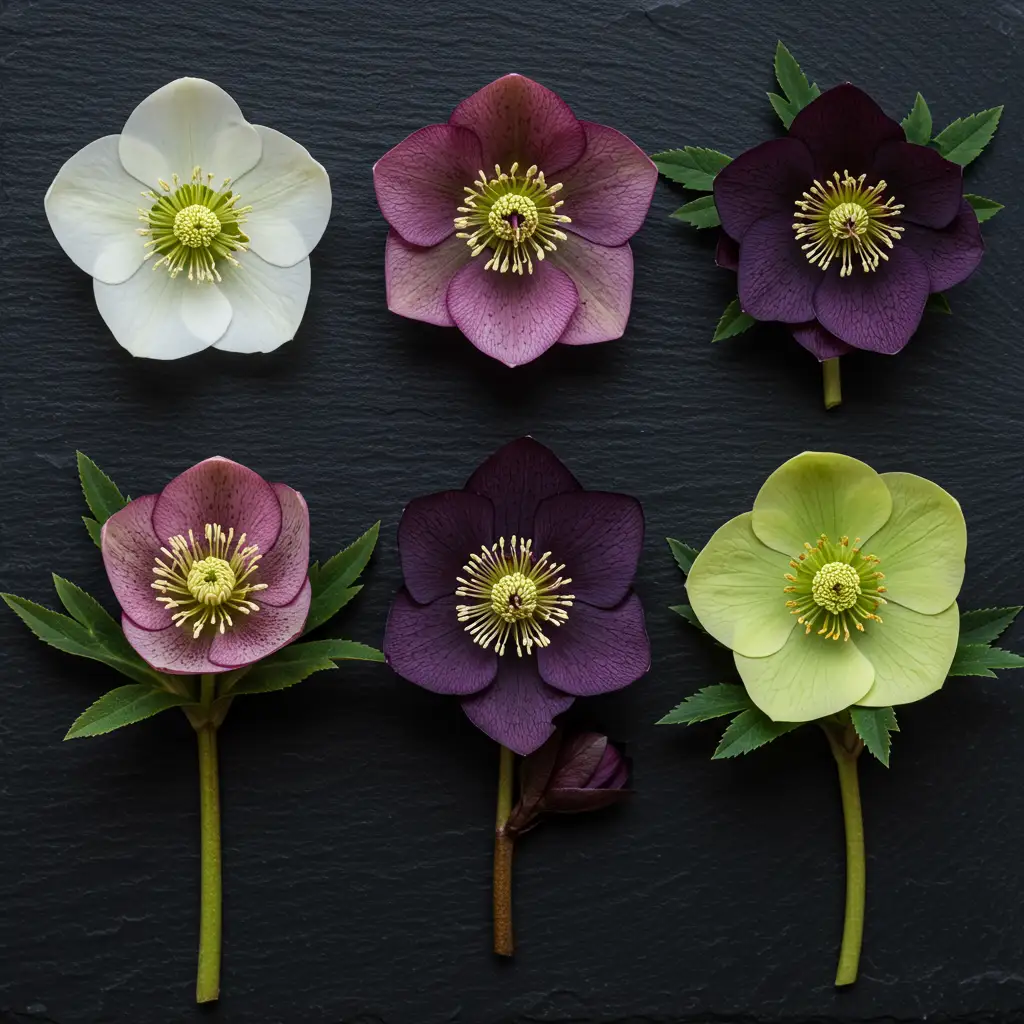 Comparatif de plusieurs variétés d'hellébores présentant différentes couleurs de fleurs