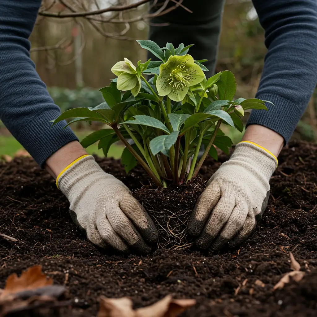 Plantation d'une Rose de Noël en terre humifère dans un jardin semi-ombragé en automne