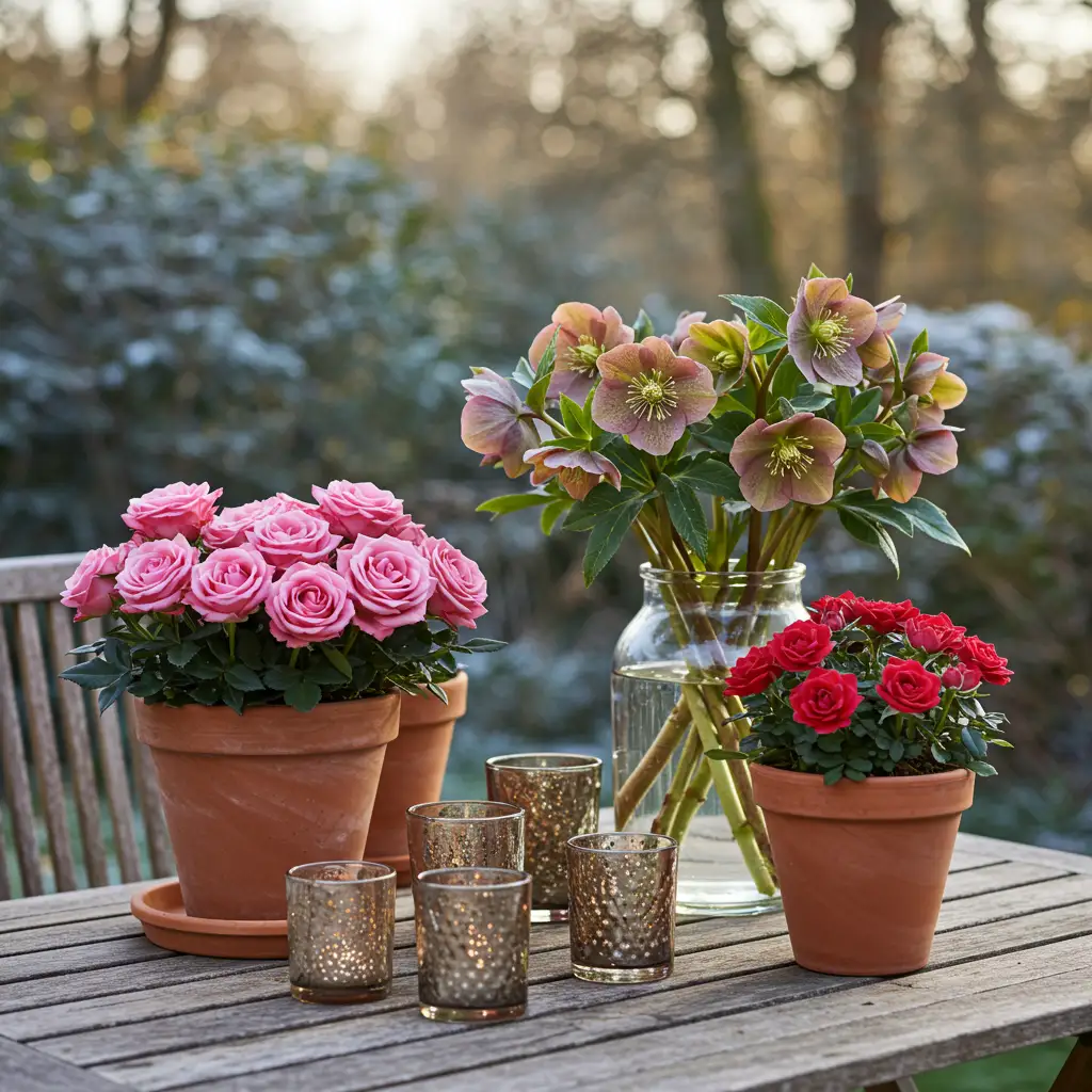 Rose de Noël en pot en terre cuite et en décoration florale hivernale sur une terrasse de jardin