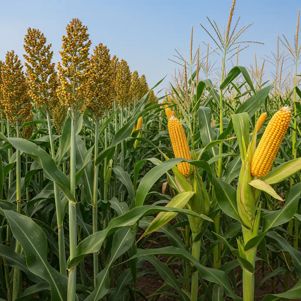 Plants de sorgho et de maïs côte à côte dans un champ, illustrant la comparaison entre les deux céréales