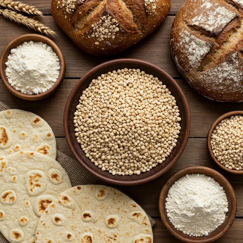 Grains de sorgho, farine et pains à base de sorgho présentés sur une table en bois, céréale sans gluten