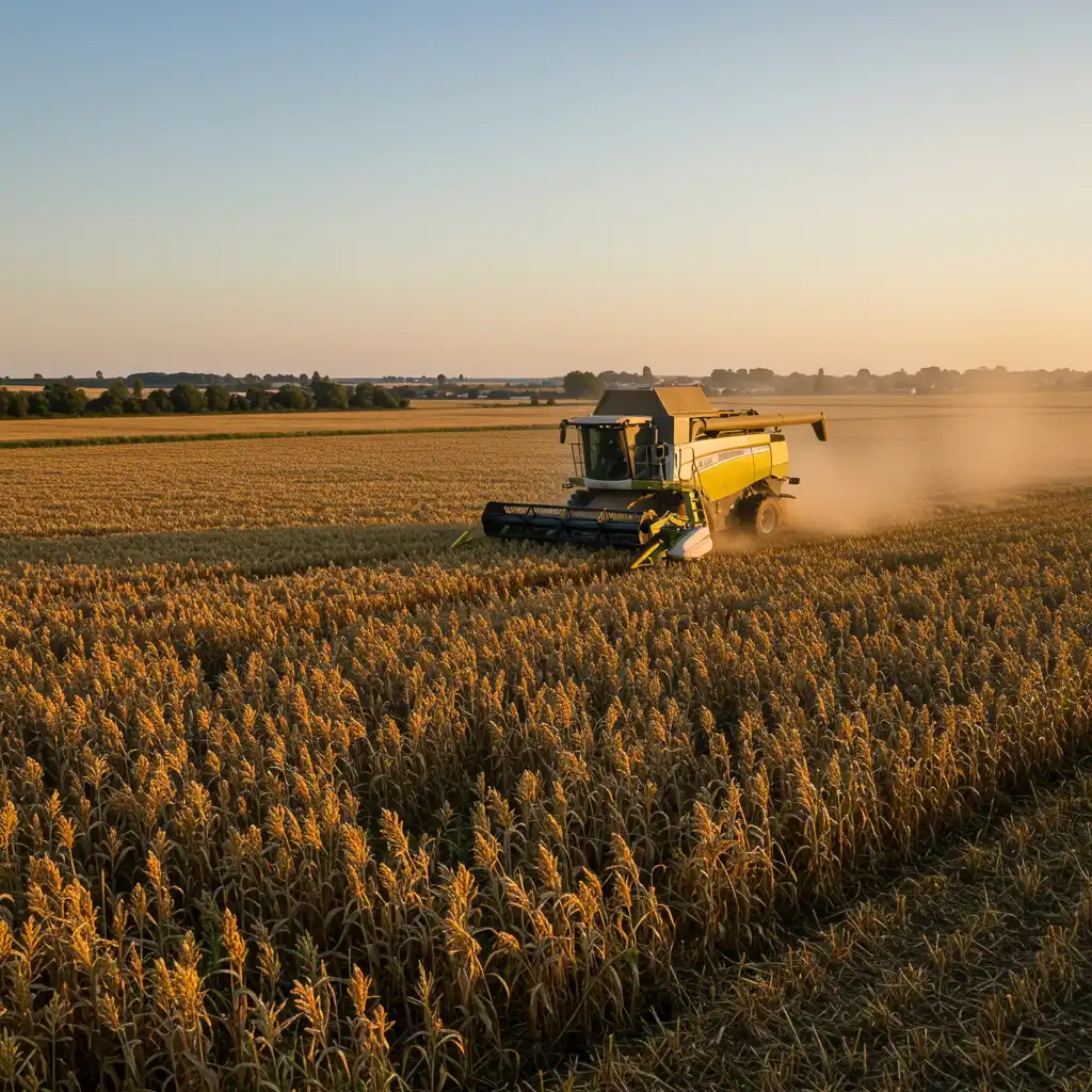 Moissonneuse-batteuse récoltant un champ de sorgho mûr en France lors d'une journée ensoleillée d'automne