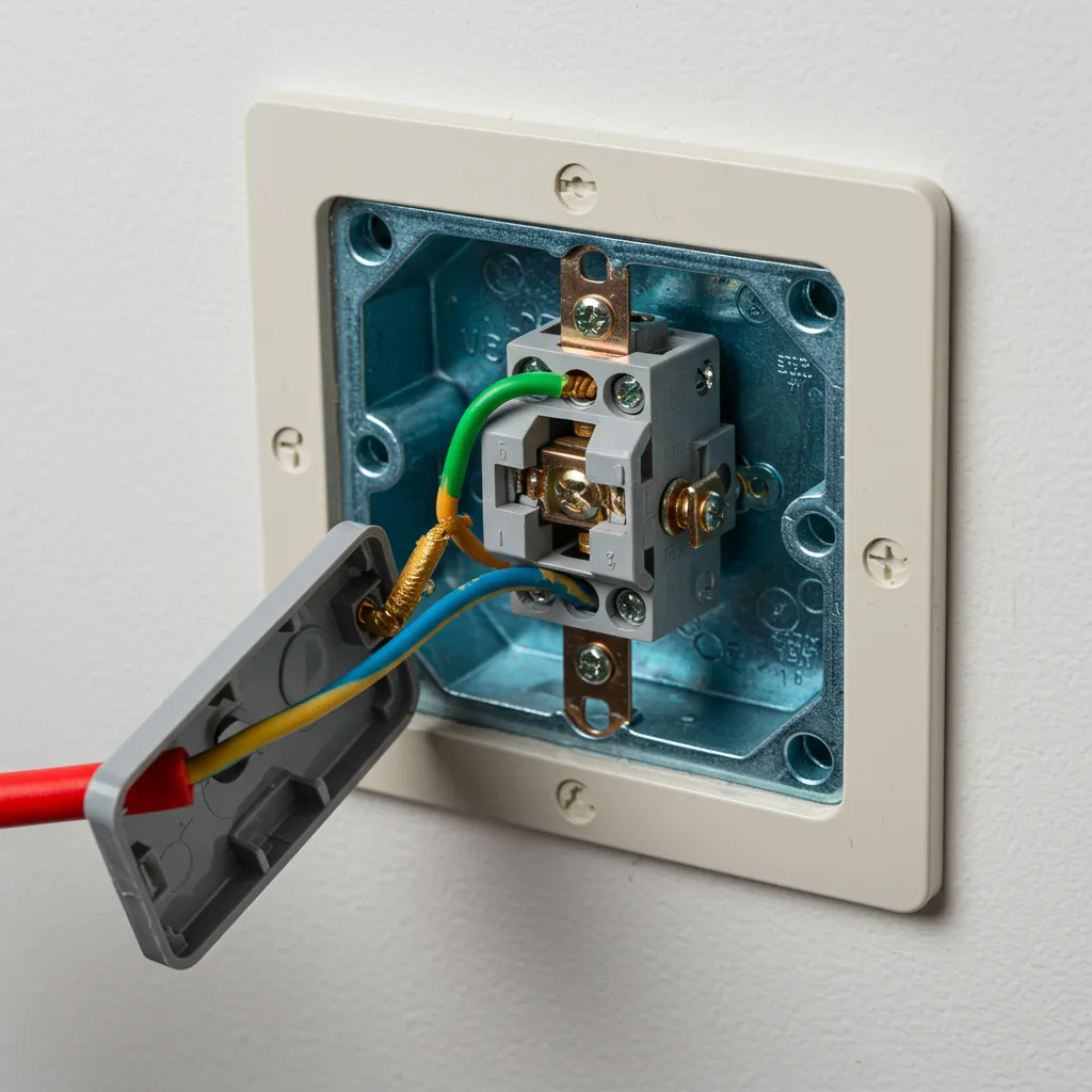 Prise électrique ouverte révélant des connexions desserrées et un domino mal serré à l'intérieur du boîtier