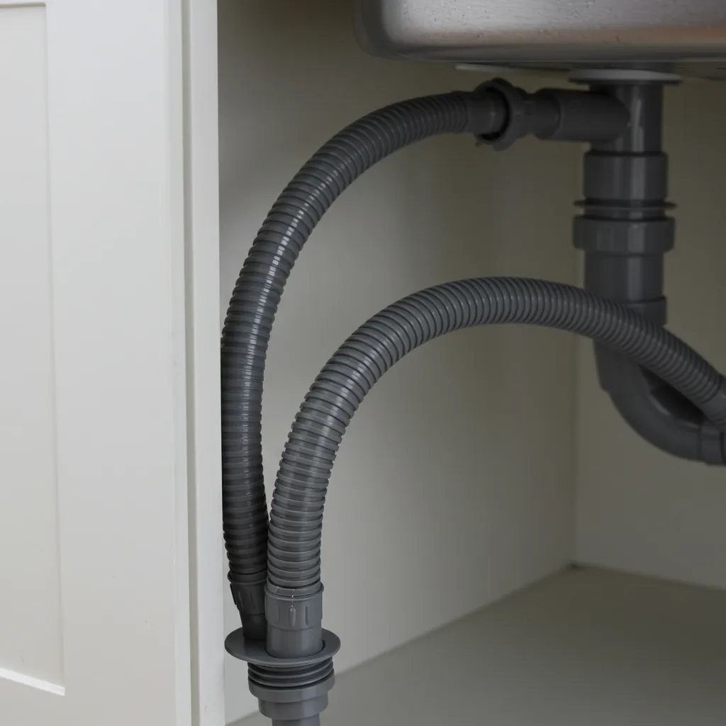 Tuyau d'évacuation flexible de lave-vaisselle raccordé sous l'évier dans un meuble de cuisine