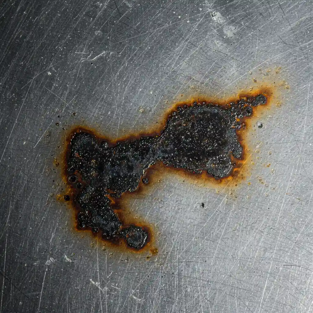 Gros plan sur une surface en inox corrodée par l'acide chlorhydrique montrant des brûlures métalliques noires et une zone terne