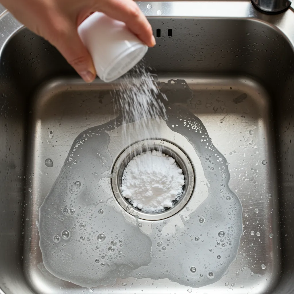 Saupoudrage de bicarbonate de soude sur un évier inox humide pour neutraliser l'acide chlorhydrique résiduel