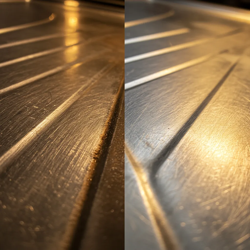 Comparaison sur un évier inox entre une zone encore corrodée et une zone restaurée après polissage progressif