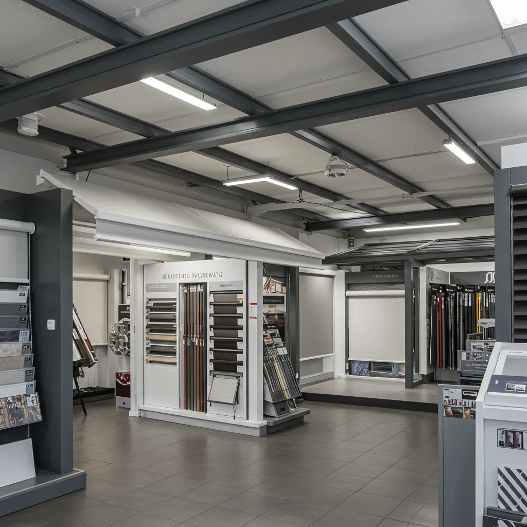 Showroom présentant des stores, vérandas et systèmes de fermeture en aluminium et matières plastiques