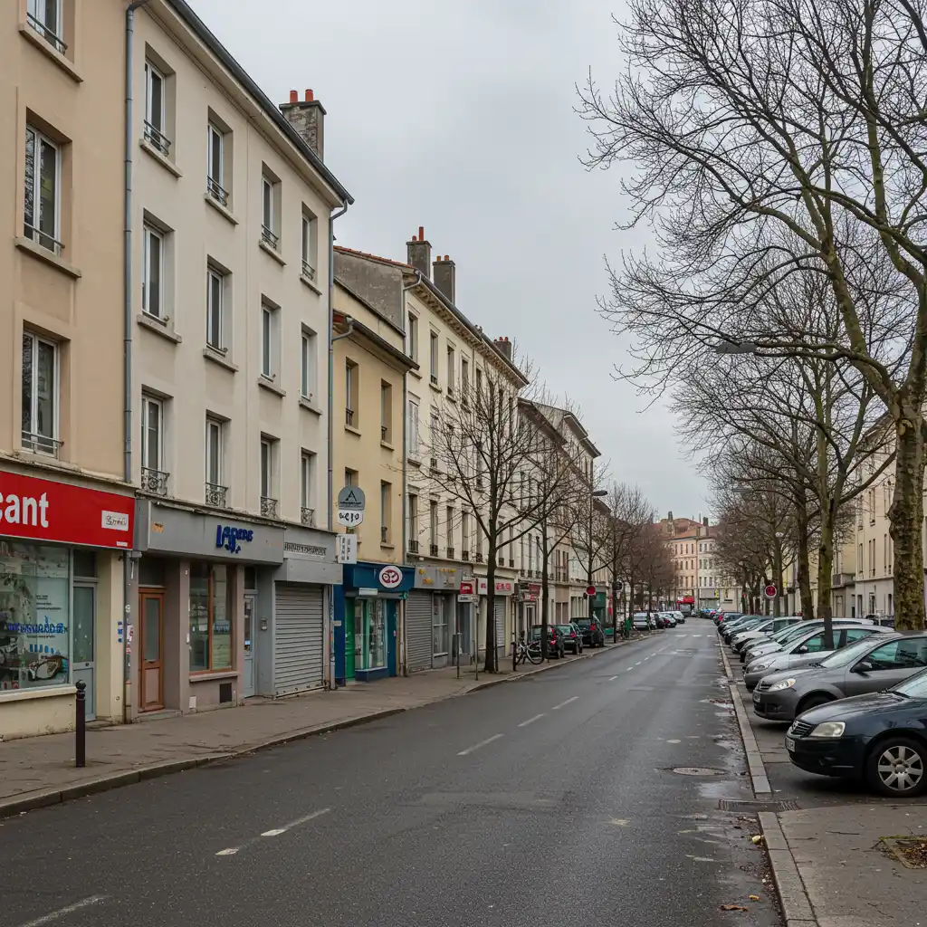 Avenue commerciale de la région lyonnaise illustrant l'implantation géographique d'établissements locaux